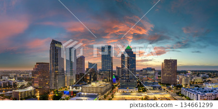 Tampa, Florida. High skyscraper buildings in downtown district. American city with business financial district at nightfall. 134661299