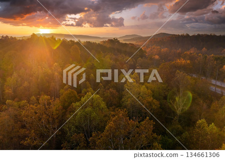 Sunset landscape of Appalachian mountains woods nature in fall season. Colorful forest with yellow canopies in autumn 134661306