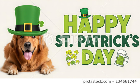 Golden retriever dog wearing a leprechaun hat for St. Patrick's Day celebration 134661744