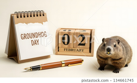 Groundhog Day celebration with a cute groundhog, calendar, and pen on a neutral background 134661745