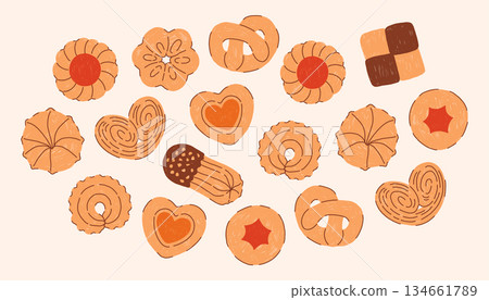 Simple hand drawn cookie set in a cute doodle style, featuring minimal shapes and warm tones on a light beige background. Cozy, sweet and playful illustration perfect for holiday designs and branding 134661789