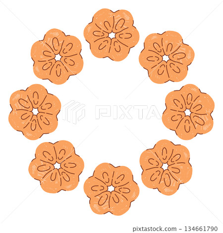 Hand drawn circular cookie frame in a simple doodle style, featuring cute baked shapes arranged in a soft, cozy wreath on a white background. Perfect for festive designs, labels, sweet themed branding Hand drawn circular cookie frame in a simple doodle style, featuring cute baked shapes arranged in a soft, cozy wreath on a white background. Perfect for festive designs, labels, sweet themed branding 134661790