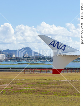 Hawaii Daniel K. Inouye International Airport, airplane wing and Diamond Head, blank, vertical 134661950