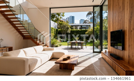 開放式客廳,配有大窗戶。 開放式客廳,配有大窗戶。 134661961