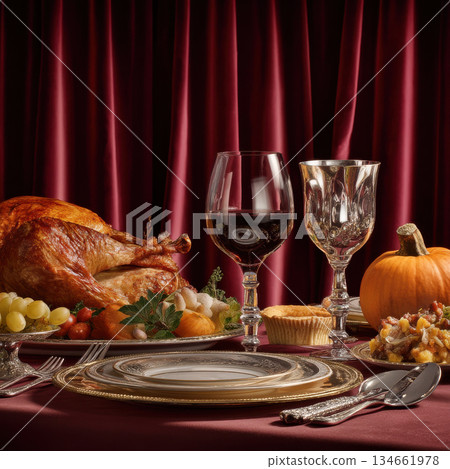 Thanksgiving dinner table setting with roasted turkey, wine glass, pumpkin, and autumn side dishes on burgundy cloth 134661978