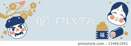Setsubun banner frame Okame Otafuku Oni Ehomaki Mamemaki Japanese style copy space Setsubun banner frame Okame Otafuku Oni Ehomaki Mamemaki Japanese style copy space 134661991