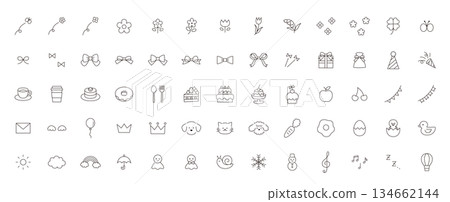 一套可愛圖示的向量插圖。包括裝飾品、花、糖果、絲帶、小狗和小雞。 134662144