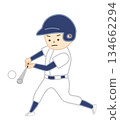 Boy playing baseball swinging a bat and hitting a ball 134662294