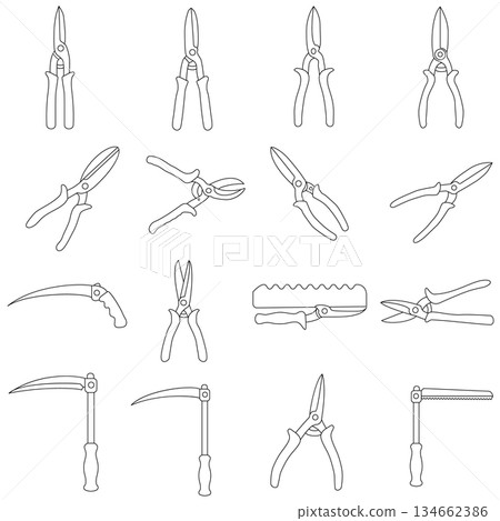 A comprehensive collection of various cutting hand tools, including gardening shears, metal snips, and hand saws, depicted in a clean black and white line art style. Ideal for hardware themes, DIY man 134662386