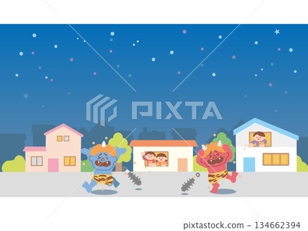 一幅用丟豆子驅趕惡魔的場景插圖 134662394