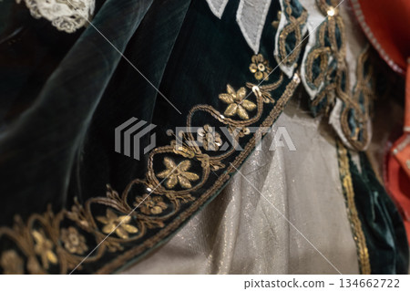 Luxurious dark green velvet gown with gold floral embroidery along the hem Luxurious dark green velvet gown with gold floral embroidery along the hem 134662722