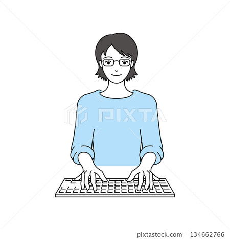 一幅簡單的插圖，描繪了一位戴眼鏡的女士正在鍵盤上打字。 134662766