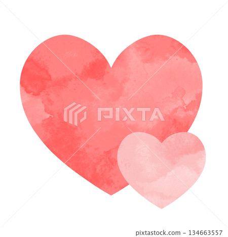 A simple hand-drawn watercolor illustration of overlapping large and small hearts in red and pink 134663557