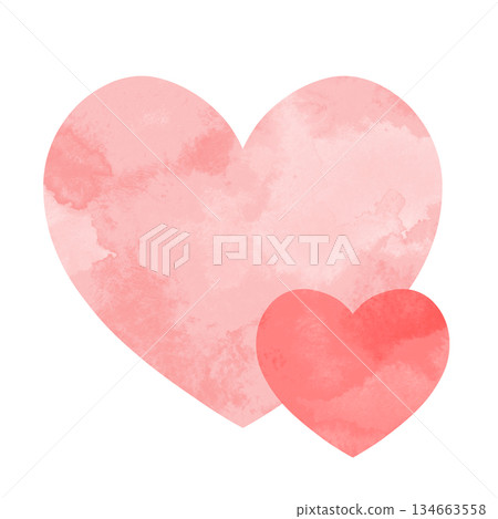 A simple hand-drawn watercolor illustration of overlapping large and small hearts in red and pink 134663558
