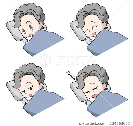 Set of four illustrations of elderly women operating smartphones while sleeping Set of four illustrations of elderly women operating smartphones while sleeping 134663633