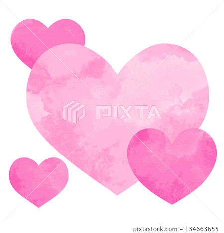 簡單的手繪水彩插圖，粉紅色的大愛心和小愛心重疊在一起。 134663655