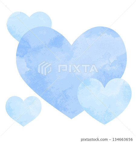 一幅簡單的手繪水彩插圖，圖案是大小不一的重疊愛心。淺藍色。 134663656