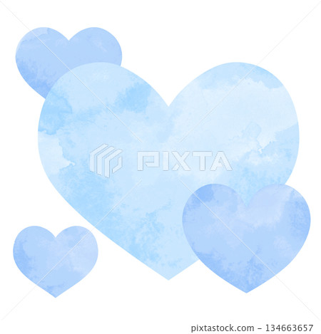 一幅簡單的手繪水彩插圖，圖案是大小不一的重疊愛心。淺藍色。 134663657