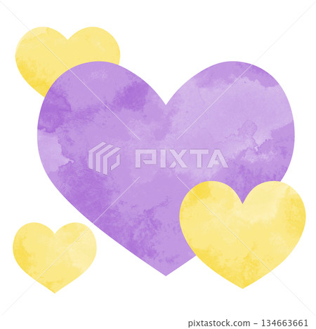一幅簡單的手繪水彩插圖,描繪了大小不一、相互重疊的心形。顏色為黃色和紫色。 一幅簡單的手繪水彩插圖,描繪了大小不一、相互重疊的心形。顏色為黃色和紫色。 134663661