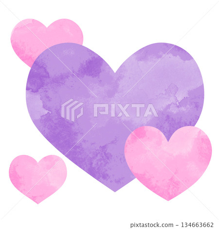 簡單的手繪水彩插圖，粉紅色和紫色的大愛心和小愛心重疊在一起。 134663662