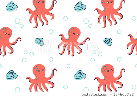 Flat cartoon vector illustration of funny octopus pattern with shells and bubbles, bright kids doodle style, playful underwater theme, cheerful mood, seamless design for children prints, nursery decor Flat cartoon vector illustration of funny octopus pattern with shells and bubbles, bright kids doodle style, playful underwater theme, cheerful mood, seamless design for children prints, nursery decor 134663758