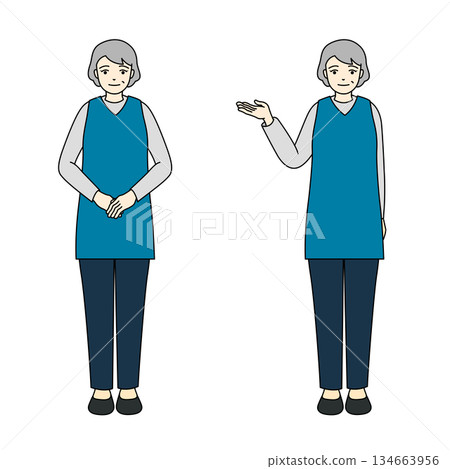 身穿圍裙、擺出導遊姿勢的老婦人全身像。 134663956