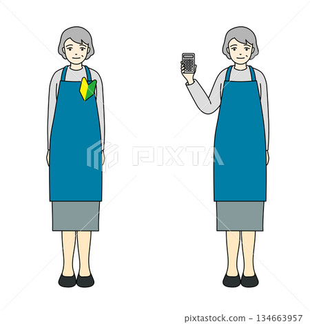 A full-body illustration of a senior woman wearing a beginner's mark and an apron holding a calculator 134663957