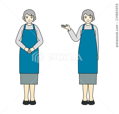 一位身穿藍色圍裙、微笑著伸出手的老婦人的全身插畫。 134663959