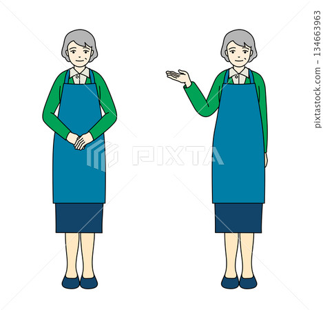 Full-body illustration of a senior woman wearing green clothes and a blue apron guiding Full-body illustration of a senior woman wearing green clothes and a blue apron guiding 134663963