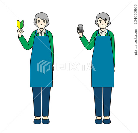 A full-body illustration of a senior woman with a beginner's mark and a senior woman in a blue apron holding a calculator 134663966