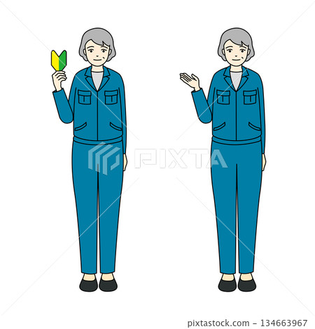 一幅全身插圖,描繪了一位身穿藍色工作服的老年女性手持初學者標誌,以及一位正在做指導姿勢的老年女性。 一幅全身插圖,描繪了一位身穿藍色工作服的老年女性手持初學者標誌,以及一位正在做指導姿勢的老年女性。 134663967