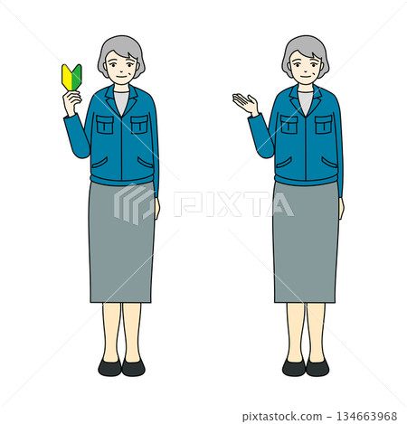 Full-body illustration of a senior woman in work clothes holding a beginner's mark and a senior woman posing as a guide Full-body illustration of a senior woman in work clothes holding a beginner's mark and a senior woman posing as a guide 134663968