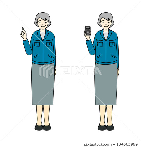 Full-body illustration of a senior woman in work clothes pointing and a senior woman holding a calculator Full-body illustration of a senior woman in work clothes pointing and a senior woman holding a calculator 134663969