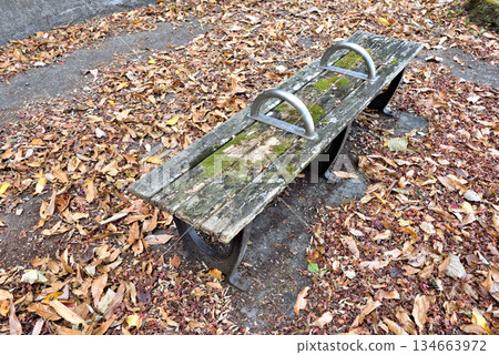 一張破舊的木凳，周圍散落著枯葉。 134663972