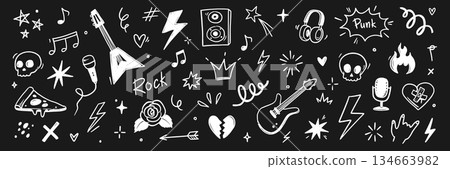 Hand drawn doodle music icons with rock elements, lightning bolts and graffiti style tattoo stickers for creative band designs on chalkboard. Marker sketch music icons. Vector 134663982