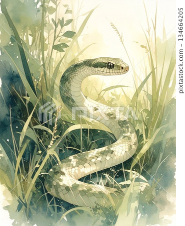 雷諾曼卡牌「蛇」：一幅寫實的水彩插畫，描繪了一條野生蛇藏身於草叢中。 1 / 可用於傳單和海報設計。 134664205