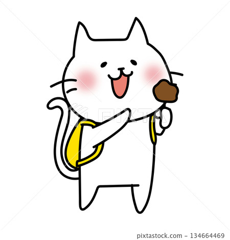 A white cat walking around eating 134664469