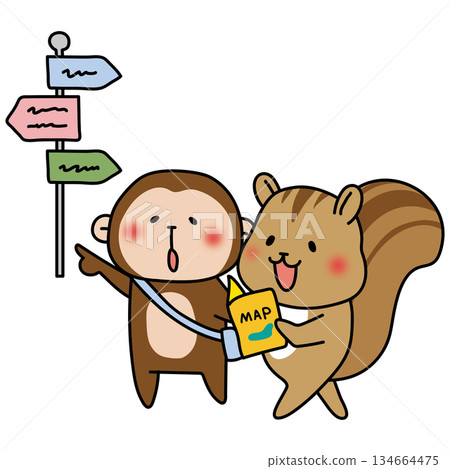 A monkey and a squirrel sightseeing while looking at a map A monkey and a squirrel sightseeing while looking at a map 134664475
