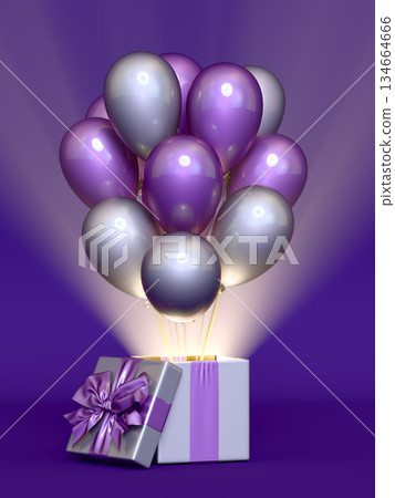 Colored gift box with ribbon and balloon on background.  134664666