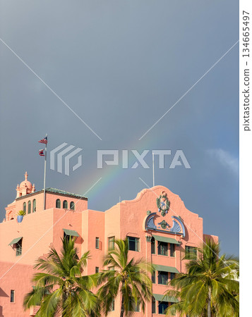 Hawaii rainbow sea and sky palm trees blue sky sunset tropical landscape image Hawaii rainbow sea and sky palm trees blue sky sunset tropical landscape image 134665497