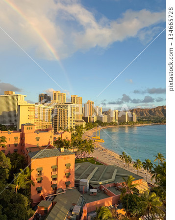 Hawaii rainbow sea and sky palm trees blue sky sunset tropical landscape image 134665728