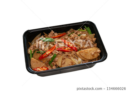 stir fry minced pork on rice in lunch box 134666026