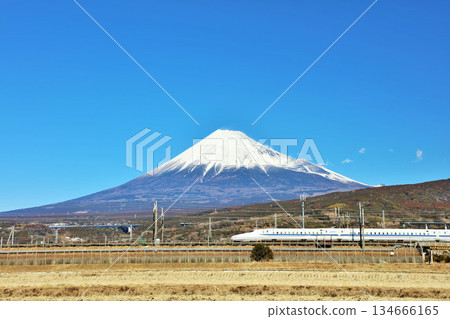 Shizuoka Prefecture: Mt. Fuji and the Shinkansen under a blue sky 134666165