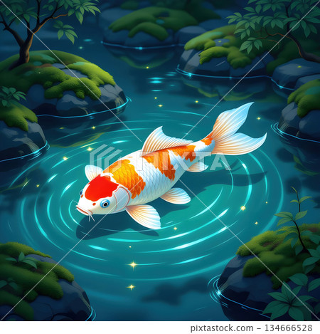 Tranquil Koi Fish Swimming Through a Glowing Forest Stream Under Soft Moonlight With Gentle Ripples and Magical Reflections 134666528