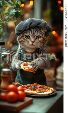 Cute cat chef creating delicious pizza in a cozy kitchen. Generative AI 134666542