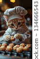 Chef kitty baking sweet treats in cozy kitchen atmosphere. Generative AI 134666543