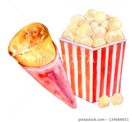 水彩插畫：休閒美食可麗餅與爆米花 134666651