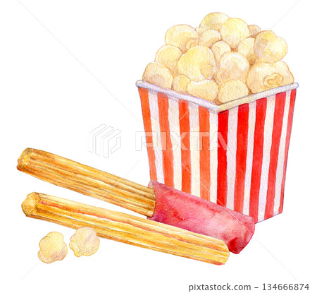 Watercolor illustration of cinema gourmet popcorn and churros Watercolor illustration of cinema gourmet popcorn and churros 134666874