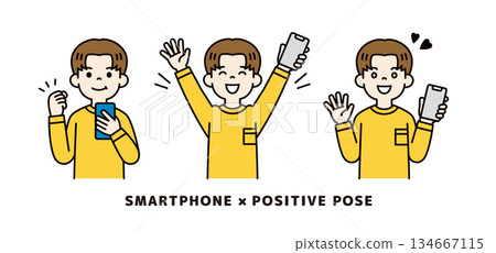 一位年輕男子手持智慧型手機的上半身向量插圖_積極姿勢集_彩色 134667115