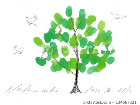 手繪水彩插圖，描繪了一隻小鳥和一棵大樹。 134667321
